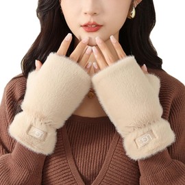 Roiyezo Women's Thermal Gloves, Mittens, Fingerless, Folding Hood, Gloves, Thermal Gloves, Eco Friendly, Faux Fur, Warm, Bicycle, Work, School, Christmas Gift, Birthday Gift, Type A - Beige