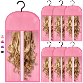 XGHSHW 6Pcs Hair Extension Holder, Wig Storage Bags with Hanger Wig Holder for Multiple Wigs Hair Extensions, Wigs and Accessories (Pink)