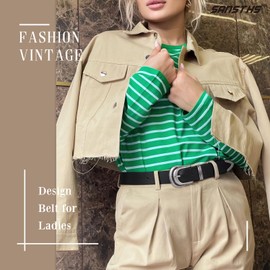 SANSTHS Women's Leather Belt Plus Size Ladies Western Belt Silver Gold Buckle Black Waist Belt for Jeans Pants Dresses, Black L