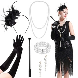 6PCS 1920s Flapper Accessories Set, Fashion Roaring 20's Costume Set with Pearl Earrings Feather Headband Bracelet Necklace Gloves Handheld Props for Women Ladies Cosplay Theme Party