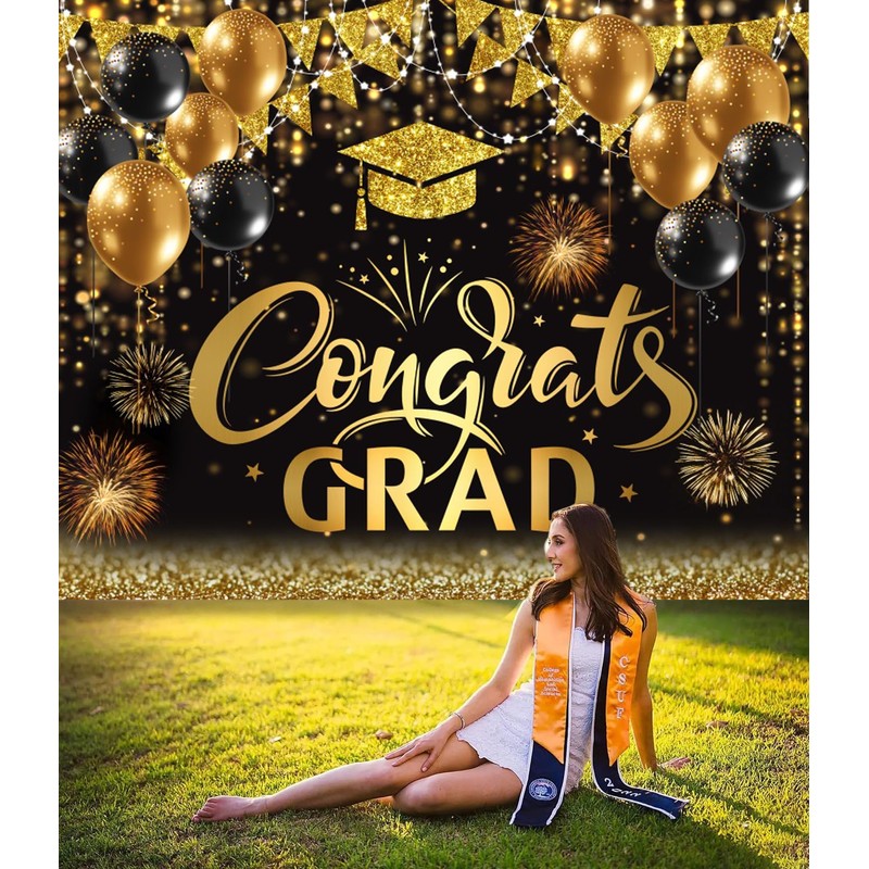 10x8ft Graduation Backdrop 2026 Congrats Grad Banner Black and Gold