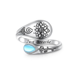Just Breathe Lotus Ring for Women 925 Sterling Silver Adjustable Lotus Flower Moonstone Open Ring Inspirational Jewelry Gift for Women Men
