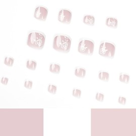 Resweky 24 STÜCKE Drücken Sie auf Fußnägel Quadrat Nackt Rosa Volle Abdeckung Gefälschte Fußnägel Blume Kurze Französisch Gefälschte Fußnägel für Frauen Mädchen
