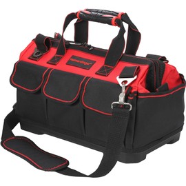 17 Inch Tool Bag with Adjustable Shoulder Strap,Wide Mouth Tool Bags,Heavy Duty Waterproof Tools Bag Organizer,Plastic Hard Bottom Base Tool Tote Bag for Electrician Carpenter Mechanic Men