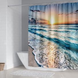 DDS-DUDES Sunset Shower Curtain for Bathroom, Beach Sunrise Scenery Shower Curtain Set Waterproof Polyester Bath Curtains with Hooks 71x71Inch (Sunset 8)
