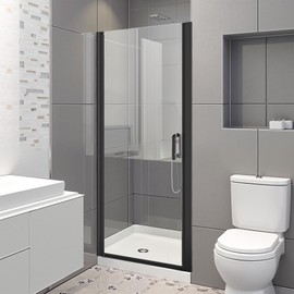 Osparple Shower Door Semi-Frameless 30" W x 72" H Pivot Shower Glass Door with 1/4" (6mm) Clear Tempered Glass and Simple Handle for Bathroom, Adjustable Width, Matte Black