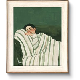 ASTRDECOR Minimalist Framed Wall Art - Cozy Woman Sleeping on Couch, Emerald Green & White Striped Blanket, Modern Aesthetic Bedroom or Living Room Décor, Eclectic Canvas Art Prints for Apartment