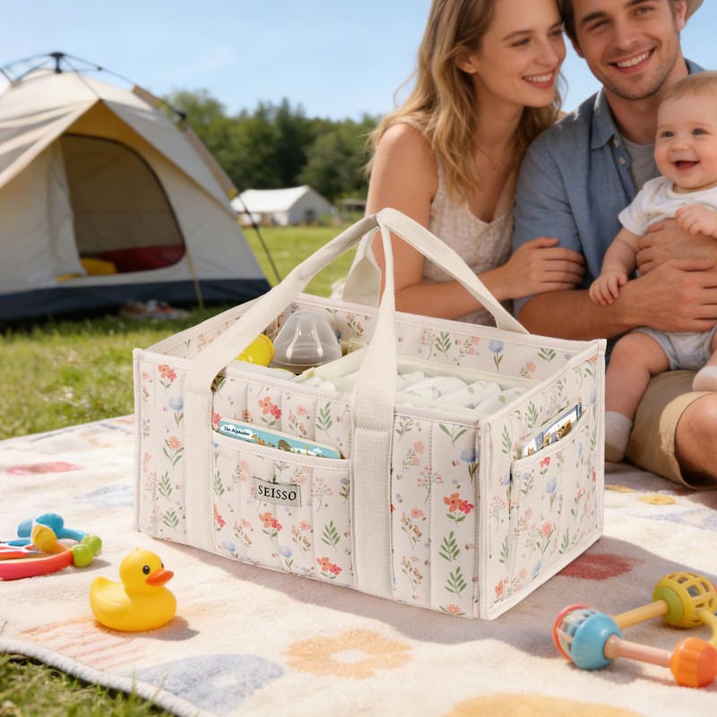 SEISSO Diaper Caddy Organizer with Handle, Portable Baby Gift Basket,