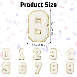20 Pcs Iron on Number Patches, 2.13 Inch Chenille Numbers Embroidery Patches with Gold Glitter Sequins White 0-9 Applique for Team Jerseys Sports Football Jeans Bags Hats Clothing Decors