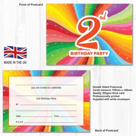 Olivia Samuel 20 x 2nd Birthday Party Invitations. Children's Bright Unisex Style. Multipack of 20 Invites with Envelopes