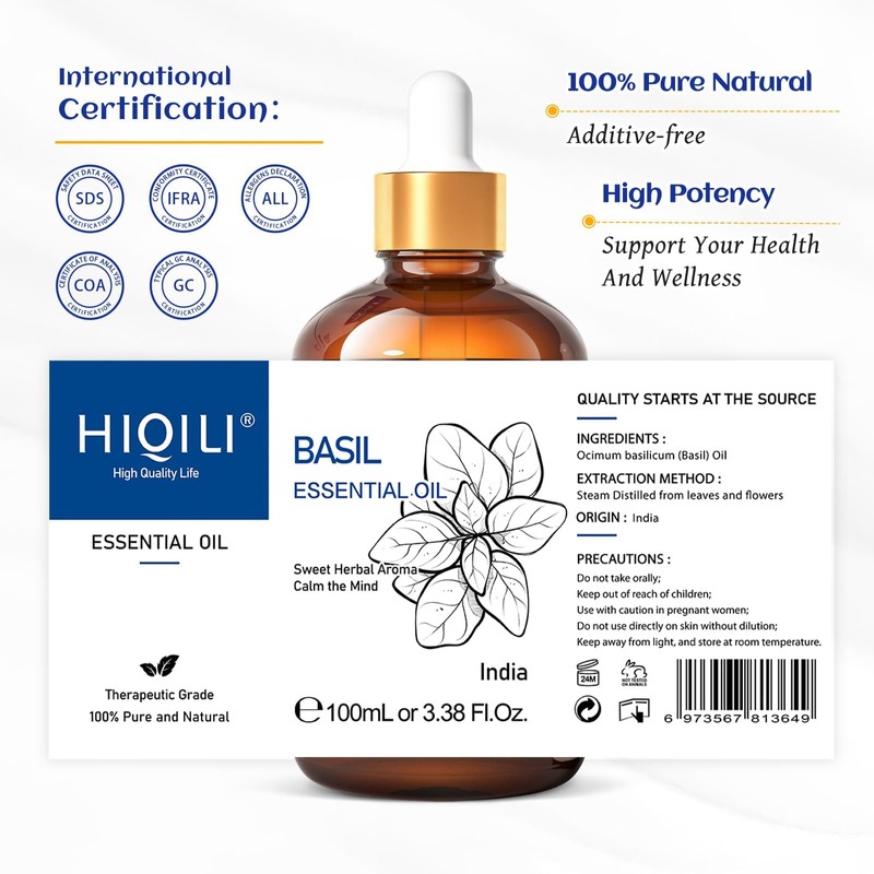 HIQILI Basil Essential Oil 100ml Pure and Natural
