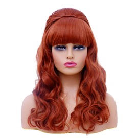 Gerulyss Long Wavy Wigs with Big Red Bouffant Copper Red 80s Costume Classical Wig with Bangs Auburn Beehive Hair Wig for Women