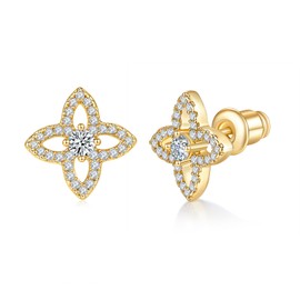 MINDDHA 14K White/Yellow Gold Plated 925 Sterling Silver Post Stud Earrings for Women | Cartilage Helix Piercing | Cubic Zirconia Clover Earrings | 12.5mm x 12.5mm