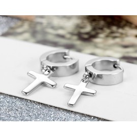 Flongo women’s and men’s earring, cross shape, fashion style silver steel, for Christmas, Valentine's Day silver