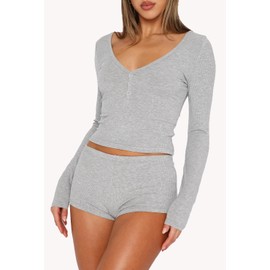 FWBBG Womens 2 Piece Pajama Sets Button Down Crop Tops Long Sleeve V Neck Matching With PJ Shorts Y2k Fall Outfits Lounge Sleepwear Set(Short-Grey, Small)