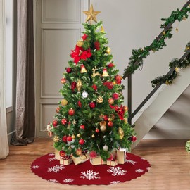 Betylifoy Knitted Christmas Tree Skirt 48 Inches Burgundy Tree Skirt Snowflakes Knit Tree Blanket Rustic Christmas Tree Decorations, Farmhouse Christmas Holiday Home Party Decor (L-48IN)