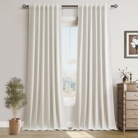 Guken Cream Beige Linen Blackout Curtains 102 Inches 2 Panels Set Linen Textured Back Tab Hook Belt Blackout Soundproof Curtains for Bedroom Living Room Thermal Insulated Patio Door 52x102