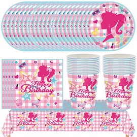 NTEVXZ Barbi Princess Party Tableware Birthday Barbi Decoration Party Supplies Set Barb Princess Children's Birthday Party Plates Tablecloth Barbi Party Accessories for 10 People 61 Pieces
