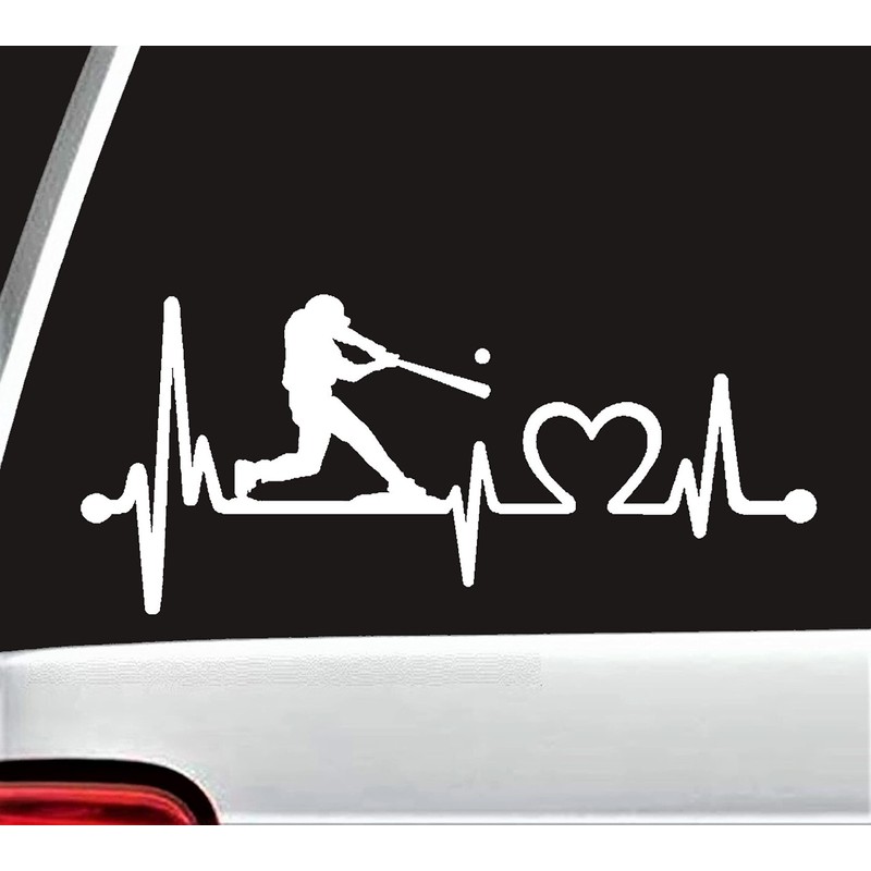 K1075 Baseball Guy Batter Batting Heartbeat Lifeline Decal Sticker (White)