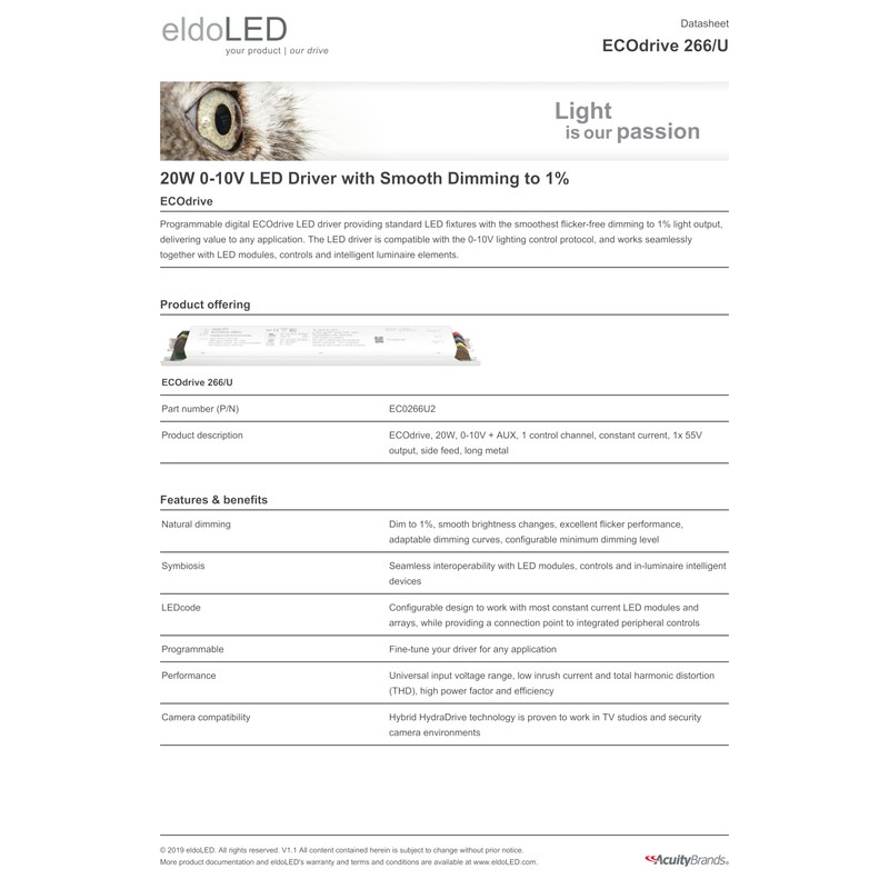 eldoLED | ECOdrive 266/U | 20W 0-10V LED Driver with