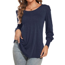 AUSELILY Cute Tunic Tops Long Sleeve Shirts for Women Crewneck Casual Pleated Flowy Blouse,Navy Blue,S