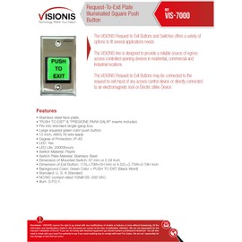Visionis VIS-7000 Indoor Green Square Request to Exit Button for Door Access Control with LED Light, NC, C and NO Outputs