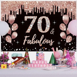 70th Birthday Decoration for Women, 70th Birthday Decoration Black and Rose Gold Glitter Spots Fabric Sign Poster Background Banner Woman 70th Birthday Party Decoration