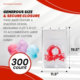 Concession Essentials Cotton Candy Bags-300CT Cotton Candy Bags with Twist Ties, 0.5" Height, 18" Width, 12" Length (Pack of 300)