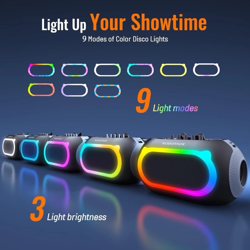 SUDOTACK Portable Karaoke Machine with LED Lights, 2 Wireless Mics,
