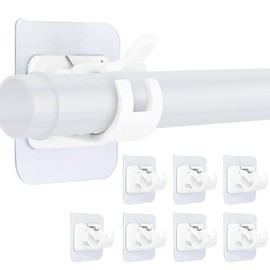 Jersvimc 8Pcs No Drill Curtain Rod Brackets, Nail Free Curtain Rod Hangers Self Adhesive Curtain Rod Holders - White Curtain Rod Hooks Adjustable Curtain Hangers for Bathroom Home Kitchen
