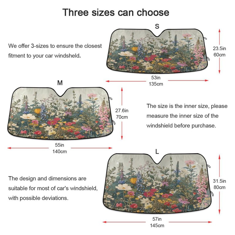 GOODOLD Vintage Wild Flowers Windshield Sun Shade for Cars, Trucks,