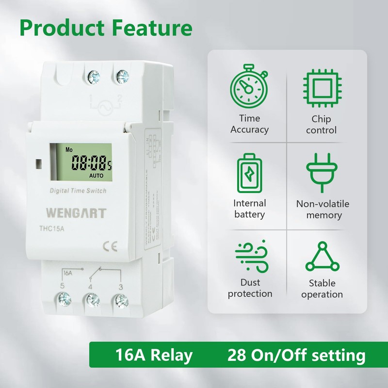 Wengart THC15A Digital Timer 230 V AC, Weekly Programmable with