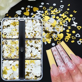 6 Grids Heart Nail Art Sequins Valentine's Day Nail Art Stickers Decals Laser White Gold Designs Heart Glitter Flakes 3D Holographic Heart Butterfly Nail Glitter Sequins for Women DIY Nail Decorations