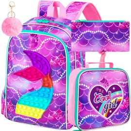 AGSDON 3PCS Mermaid Backpack for Girls, 16" Kids Backpacks Water Resistant with Lunch Box, Bookbag for Elementary Preschool