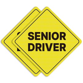 GEEKBEAR Senior Driver Car Sign - Sticker or Magnet & Color Options, Weather-Resistant - Diamond Shape 6.8 x 6.8 in (Yellow, See-Through Sticker)