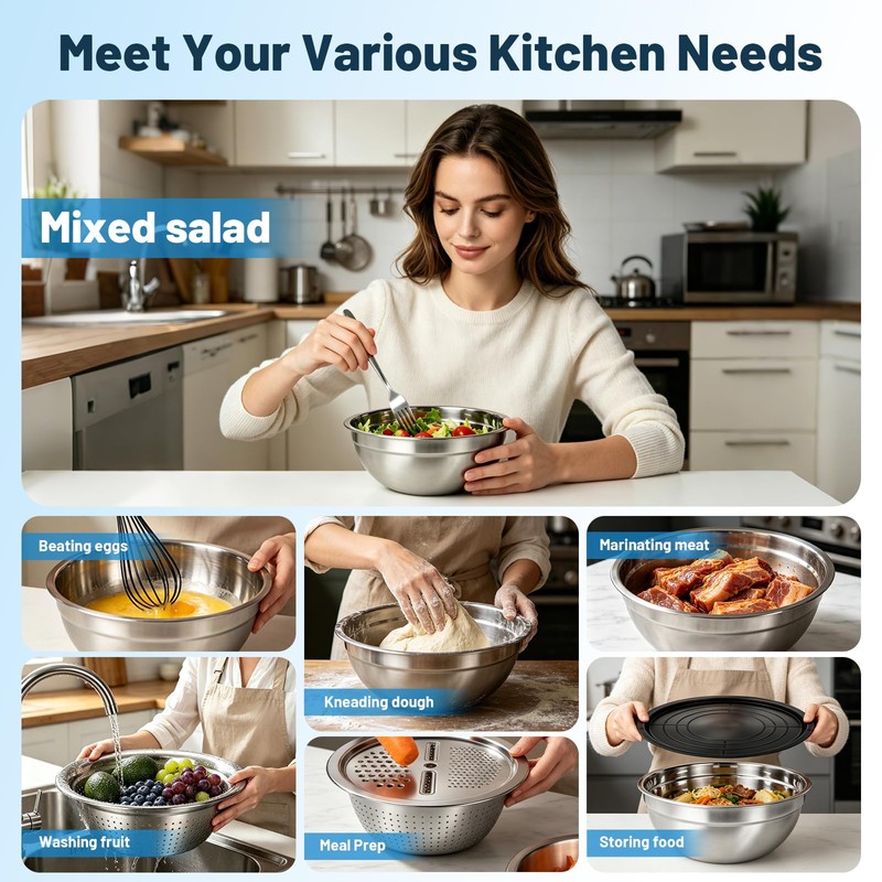 YJSLICT Stainless Steel Mixing Bowls with Lid and Colander Set