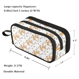 Fustylead Funny Cute Cartoon Corgi Bone Large Pencil Pen Case Stationery Bag, 3 Compartments School College Office Desk Organizer Storage Pouch Marker for Teen Boys Girls Students