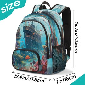 Elementary School Bags for Teens, Boat Nautical Kids Backpacks Tropical Fish Lightweight Bookbags Waterproof Sturdy Schoolbag Daypack for Girls Boys