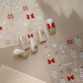 Christmas Nail Stickers Xmas Tree Nail Art Stickers Bow Nail Decals with Gold Design Snowflakes Nails Art Decals 5D Embossed Self Adhesive Nails Charms for Women Girls Manicure Supply Decoration