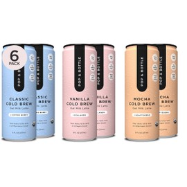 Pop & Bottle, Oat Milk Lattes - Cold Brew, Maca, Antioxidants, Ashwagandha, MCT Oil, Collagen, Organic, Diary Free, Gluten Free, Lightly Sweetened with Dates - Variety, 8 Fl Oz (6 Pack)