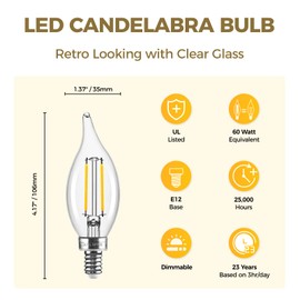 Hizashi E12 Candelabra Bulbs 60 watt Equivalent, 90+ CRI E12 LED Bulb Flame Tip Chandelier Light Bulbs Dimmable, 6W 550LM 3000K Soft White, CA10, UL Listed, 24 Pack