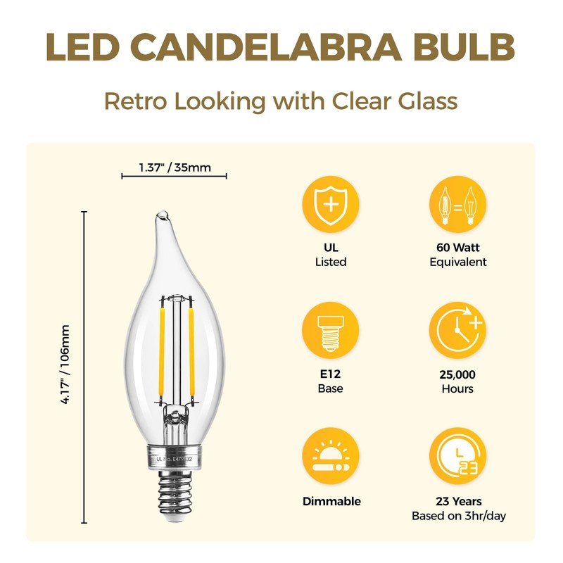 Hizashi E12 Candelabra Bulbs 60 watt Equivalent, 90+ CRI E12