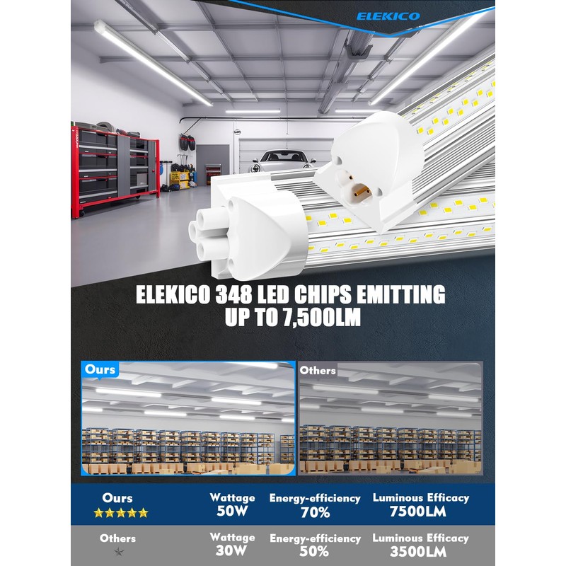 ELEKICO 6 Pack 50w 4ft Led Shop Light, Super Bright