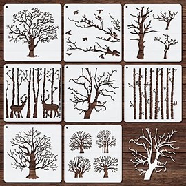 8 Pieces Reusable Tree Stencils Aspen Trees Stencils Reversed Branches Stencils Painting Tree Template Plastic Drawing Stencils for Canvas Wood Wall Decor DIY Crafts (20 x 20 cm/ 7.87 x 7.87 Inch)