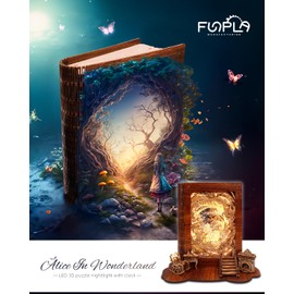 FUNPOLA Alice in Wonderland LED 3D Puzzle Nightlight - DIY Book Lamp with Clock - 3D Wood Puzzles Nightlight Home Décor for Kids and Adults