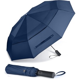 MRTLLOA 49/54/62 Inch Large Folding Golf Umbrella, Oversize Double Canopy Vented 10 Ribs Windproof Compact Travel Umbrellas for Rain(62 Inch, Navy Blue)