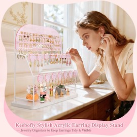 Keebofly Acrylic Earring Organizer Stand for Girls & Teens, Large 300 Holes & 14 Hooks Jewelry Display Holder for Studs, Hoops, Dangles, Necklaces & Bracelets, Vanity Desk Storage Decor, Pink