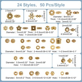 PH PandaHall Pack of 1200 Antique Golden Spacer Beads, 24 Styles, Tibetan Flowers, Square, Snowflakes, Rondelle Beads, Alloy Spacer Beads, Loose Beads for Bracelets, Jewellery Making