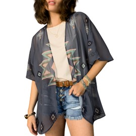 CATCHY & CRAFTY Kimonos for Women Boho Floral Print Swimsuit Cover Up Lightweight Beach Cardigan for Summer Resort Wear (Gray Western Aztec)