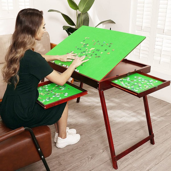 Kcelarec Wooden Jigsaw Puzzle Table with 2 Drawers for Puzzle Amateur,Large Portable Folding Puzzle Table with Tilting Non-Slip Surface,Jigsaw Table for 1500 Pcs Puzzles